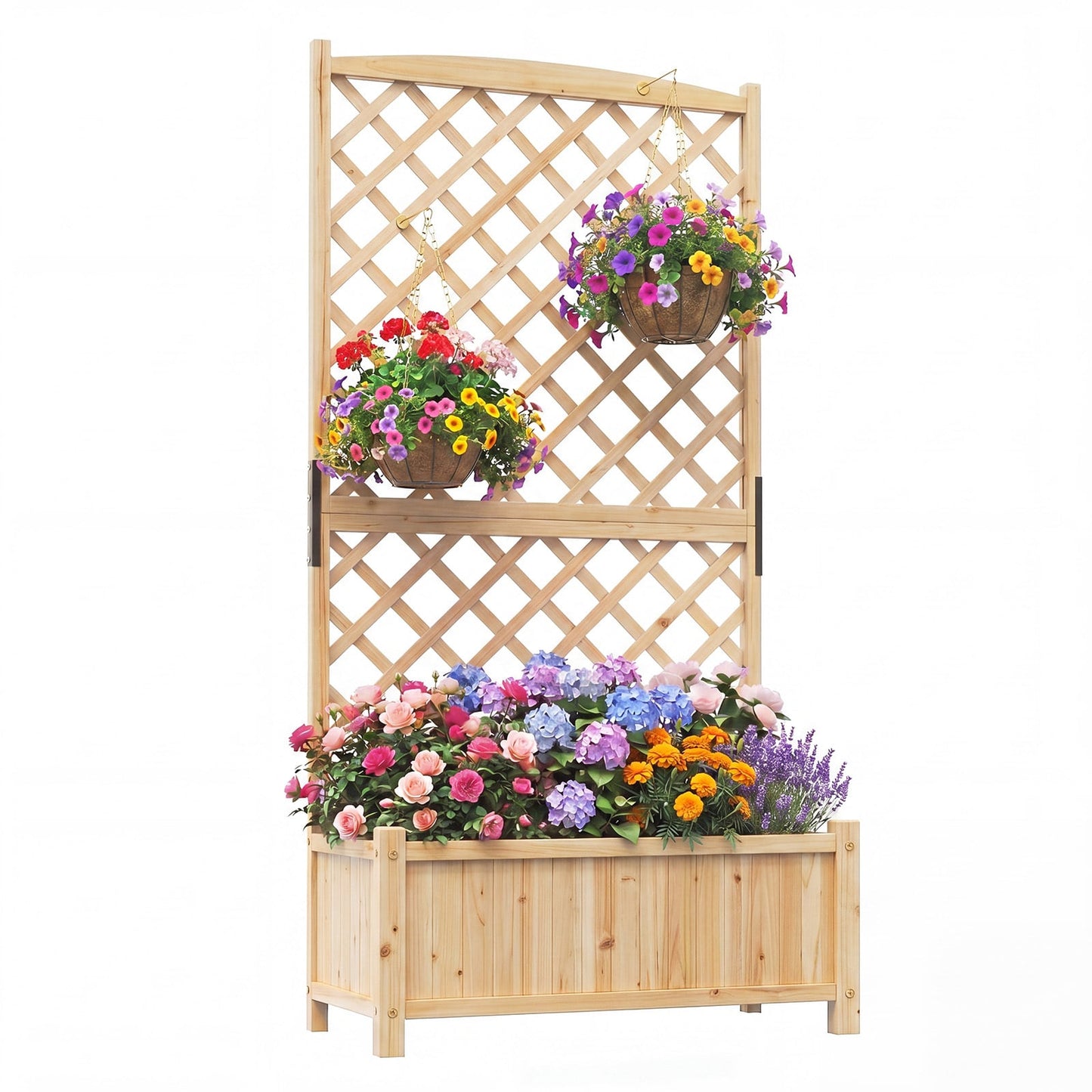 Raised Garden Bed with Trellis Wood Planter Box with Diamond Lattice Trellis-Natural