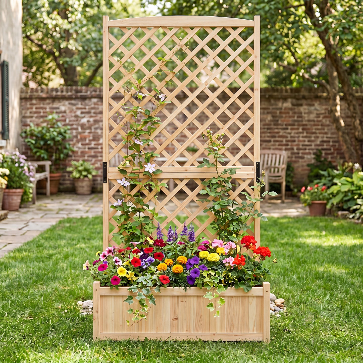 Raised Garden Bed with Trellis Wood Planter Box with Diamond Lattice Trellis-Natural