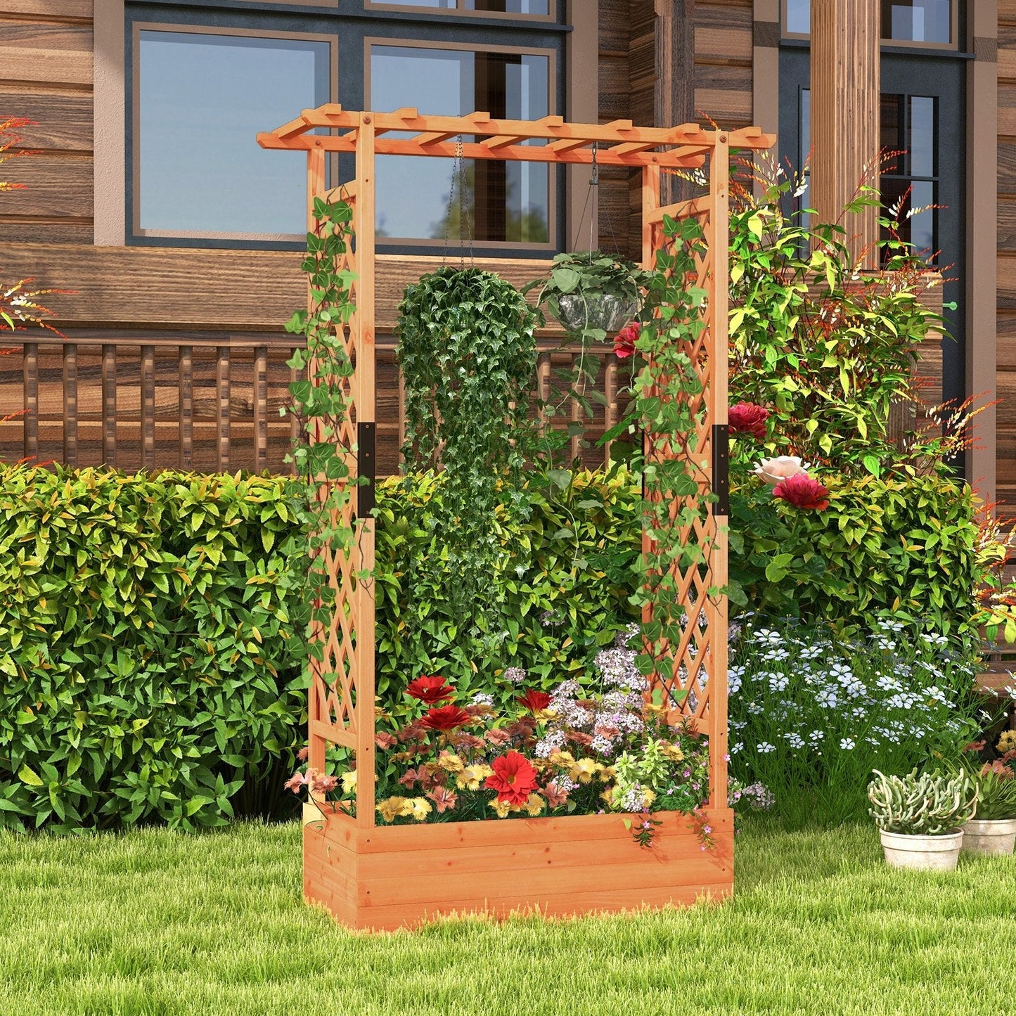 Raised Garden Bed Fir Wood Planter Box with 2-Sided Trellis and Hanging Roof-Orange