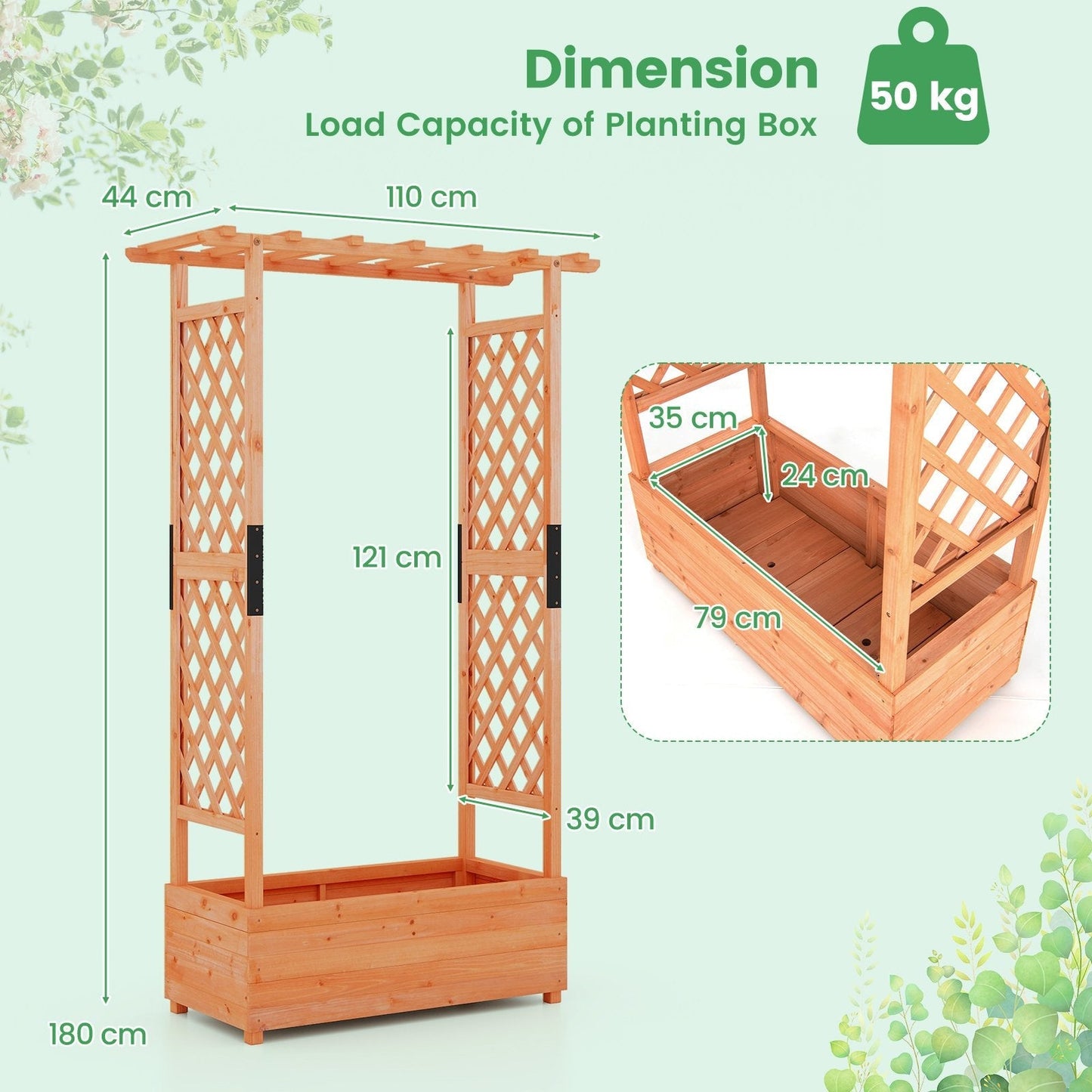 Raised Garden Bed Fir Wood Planter Box with 2-Sided Trellis and Hanging Roof-Orange