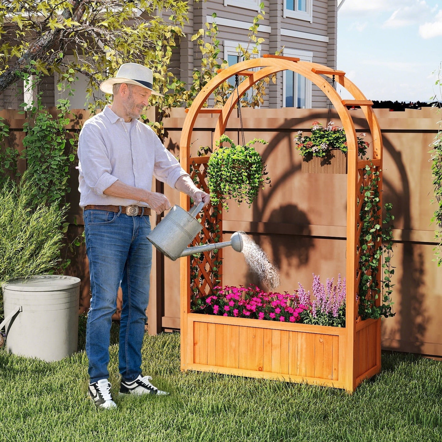 Raised Garden Bed with Arch Trellis Wood Planter Box with Liner-Brown