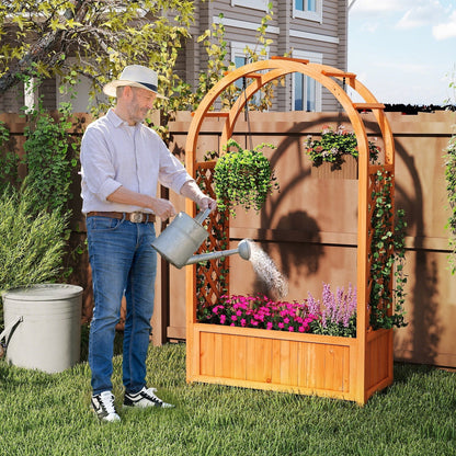 Raised Garden Bed with Arch Trellis Wood Planter Box with Liner-Brown