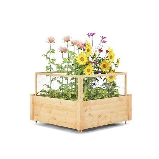 Raised bed with fence Wooden plant box with 4-sided protective fence & plant grid 107 x 107 x 70 cm