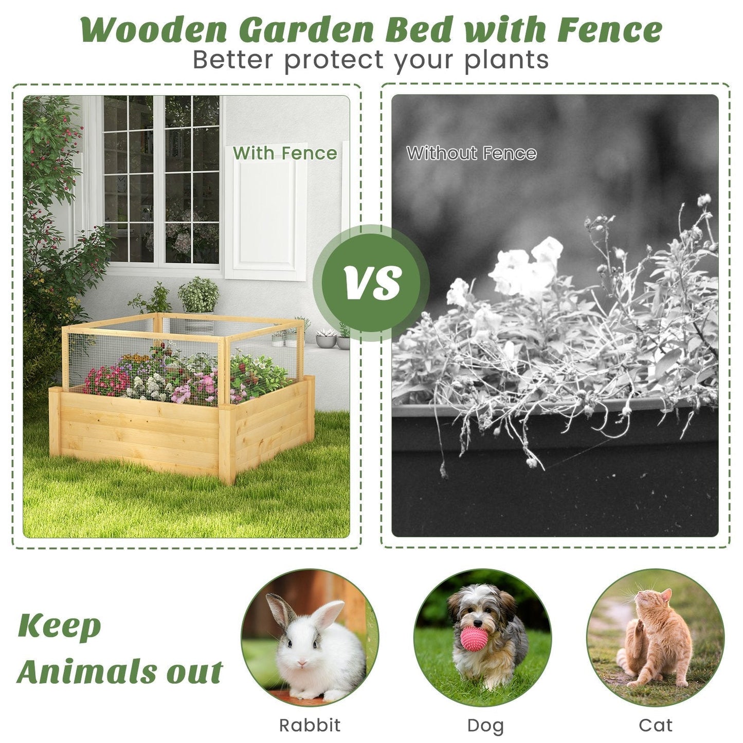 Raised Garden Bed with Critter Guard Fence and Grow Grid