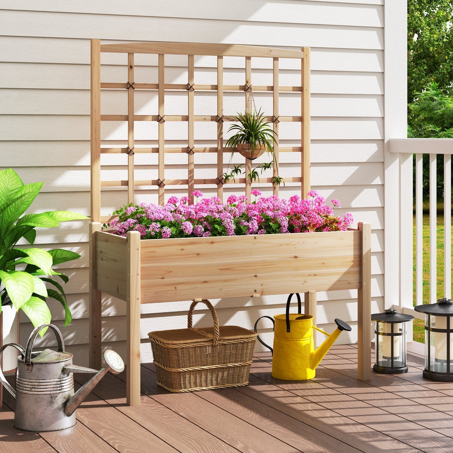 Raised Garden Bed with Lattice Trellis and Drainage Holes Elevated-Natural