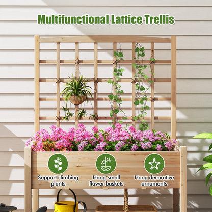 Raised Garden Bed with Lattice Trellis and Drainage Holes Elevated-Natural