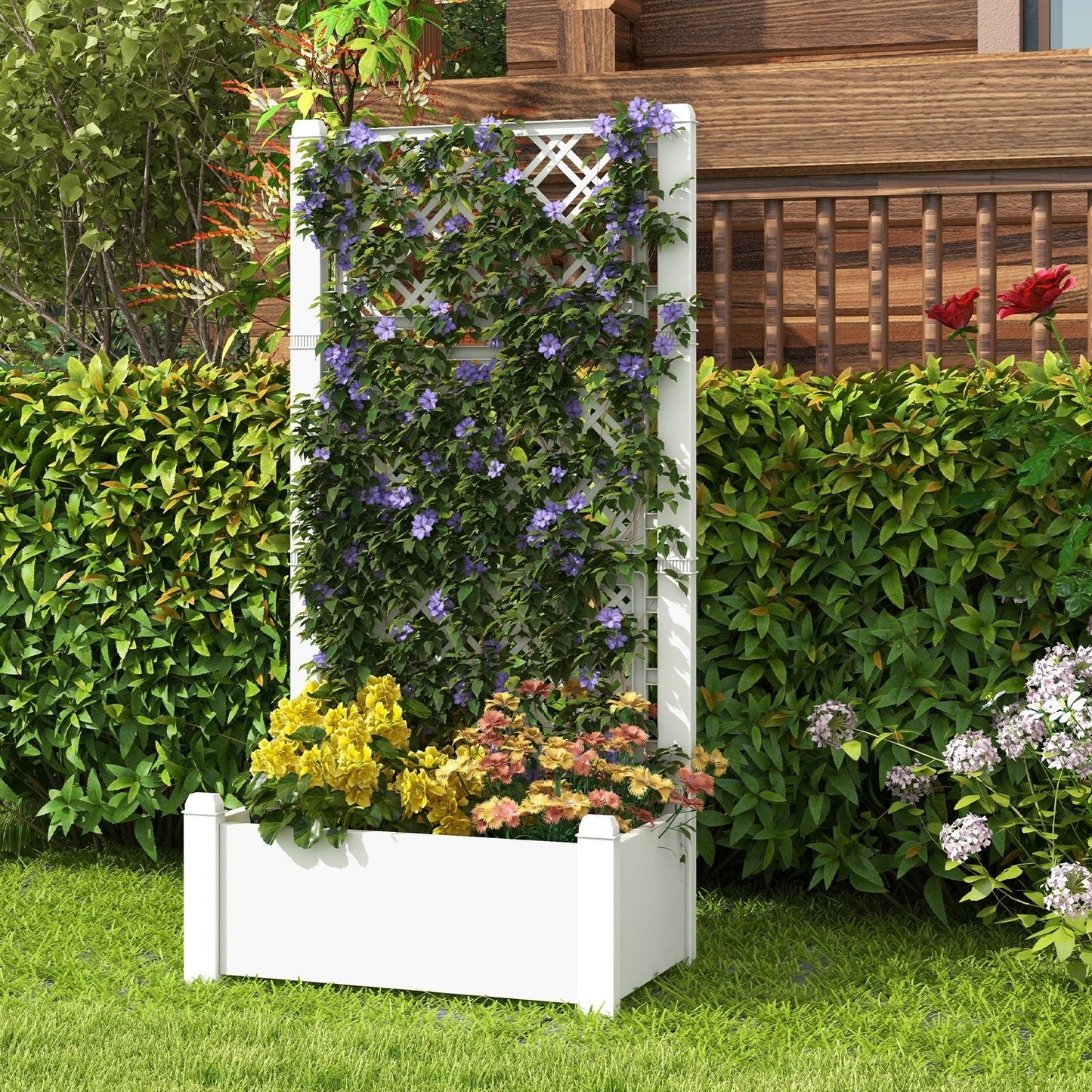 Self-Watering Standing Planter Box Lattice Panels for Vine Climbing Fruits Vegetables-White