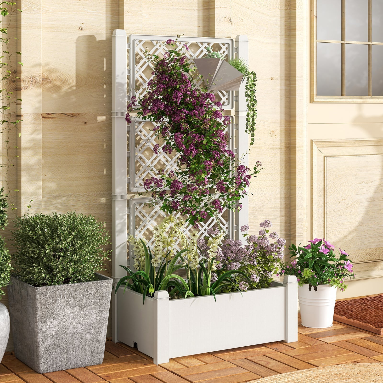 Self-Watering Standing Planter Box Lattice Panels for Vine Climbing Fruits Vegetables-White