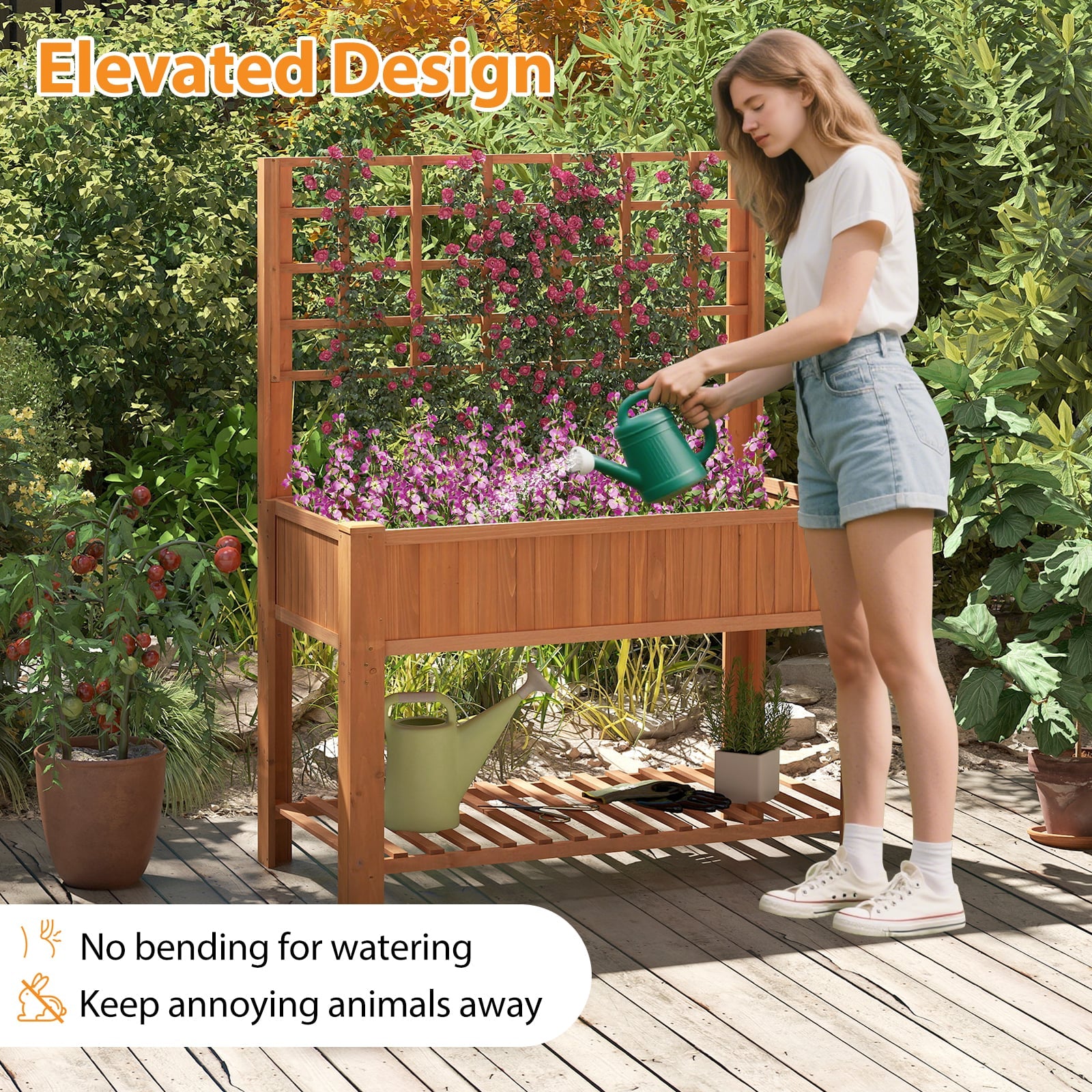 Raised Garden Bed with Trellis Wooden Elevated Planter Box with Legs-Brown