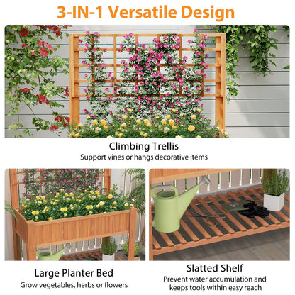Raised Garden Bed with Trellis Wooden Elevated Planter Box with Legs-Brown