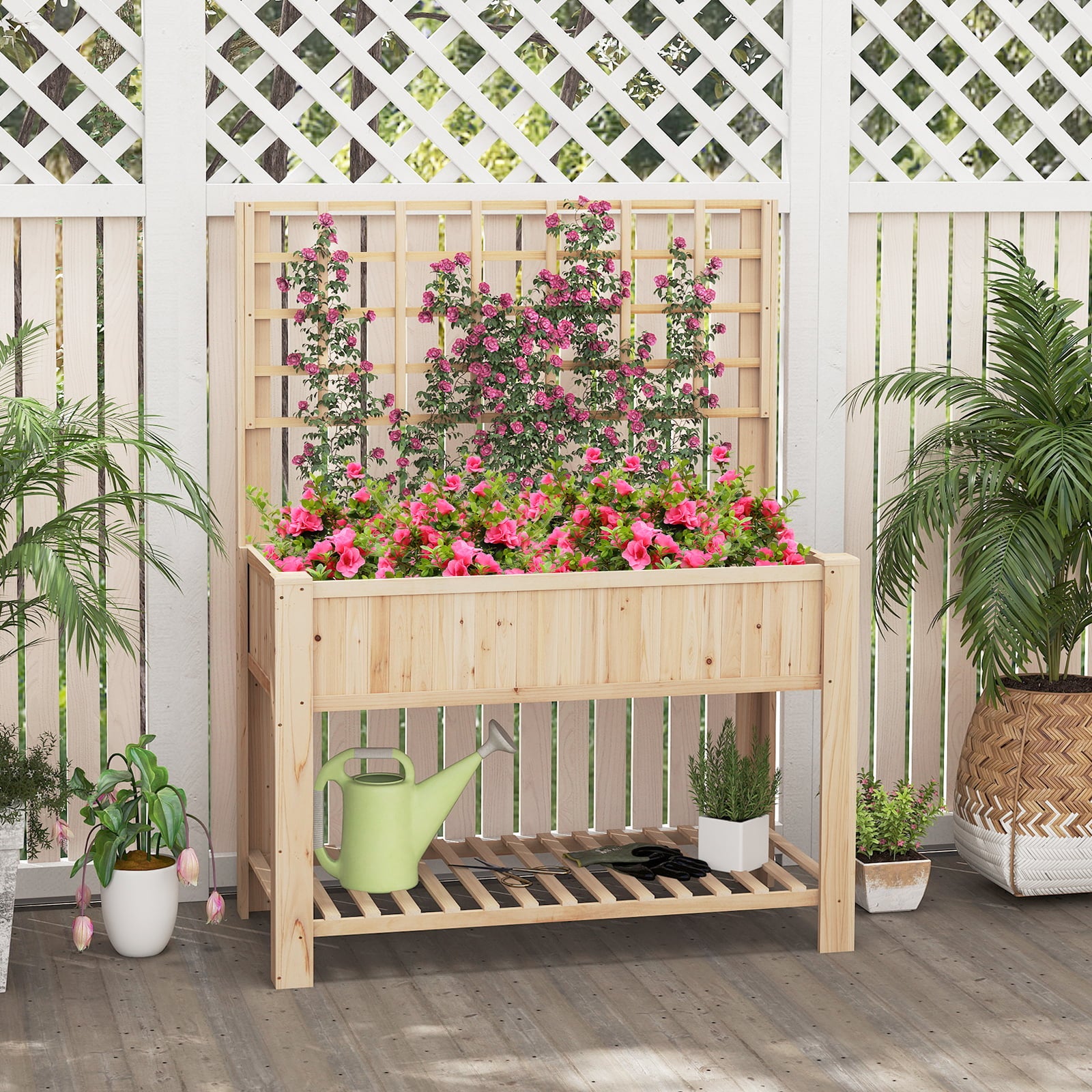 Raised Garden Bed with Trellis Wooden Elevated Planter Box with Legs-Natural