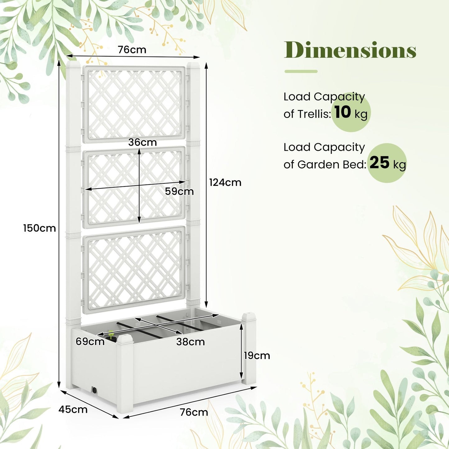 Self-Watering Standing Planter Box Lattice Panels for Vine Climbing Fruits Vegetables-White