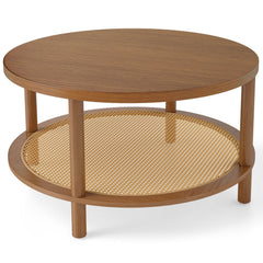 Rattan Coffee Table 2-Tier Round Center Table with Wood Veneered Top-Walnut