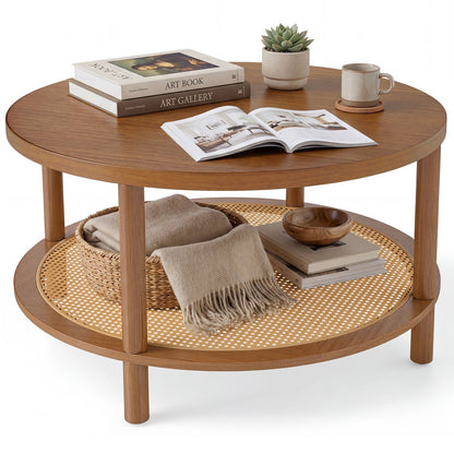 Rattan Coffee Table 2-Tier Round Center Table with Wood Veneered Top-Walnut