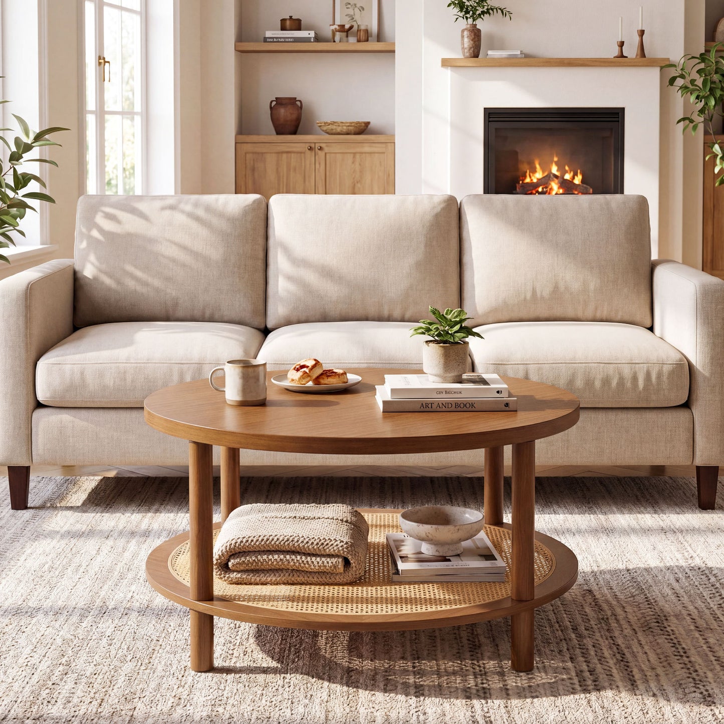 Rattan Coffee Table 2-Tier Round Center Table with Wood Veneered Top-Walnut