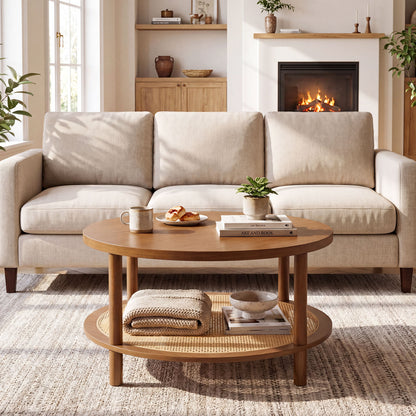 Rattan Coffee Table 2-Tier Round Center Table with Wood Veneered Top-Walnut