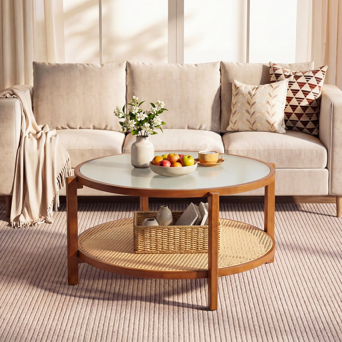 Rattan Coffee Table with Tempered Glass Top for Living Room-Walnut