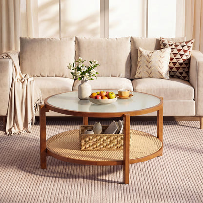 Rattan Coffee Table with Tempered Glass Top for Living Room-Walnut