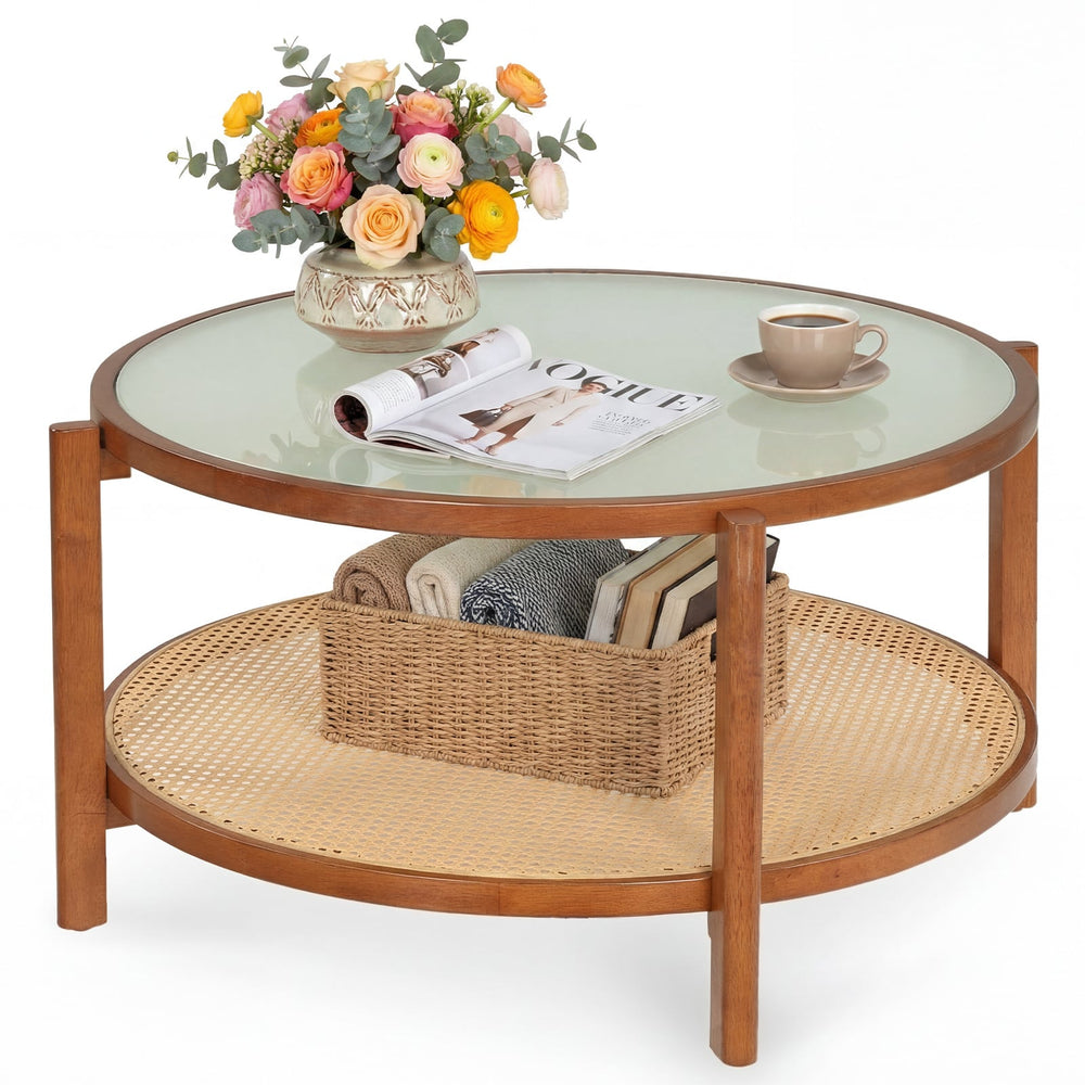 Rattan Coffee Table with Tempered Glass Top for Living Room-Walnut
