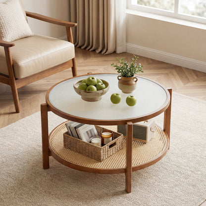 Rattan Coffee Table with Tempered Glass Top for Living Room-Walnut