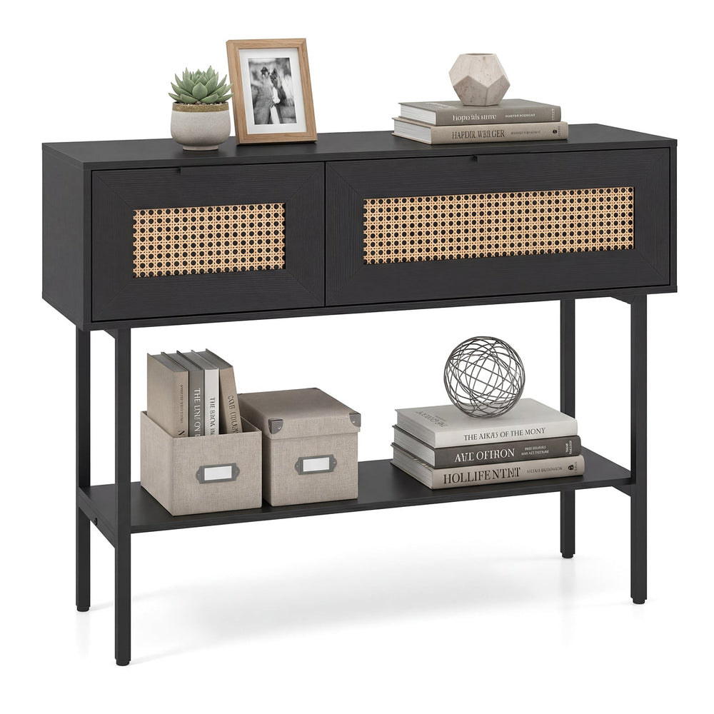 Rattan Console Table Boho Entryway Table with Flip Doors-Black