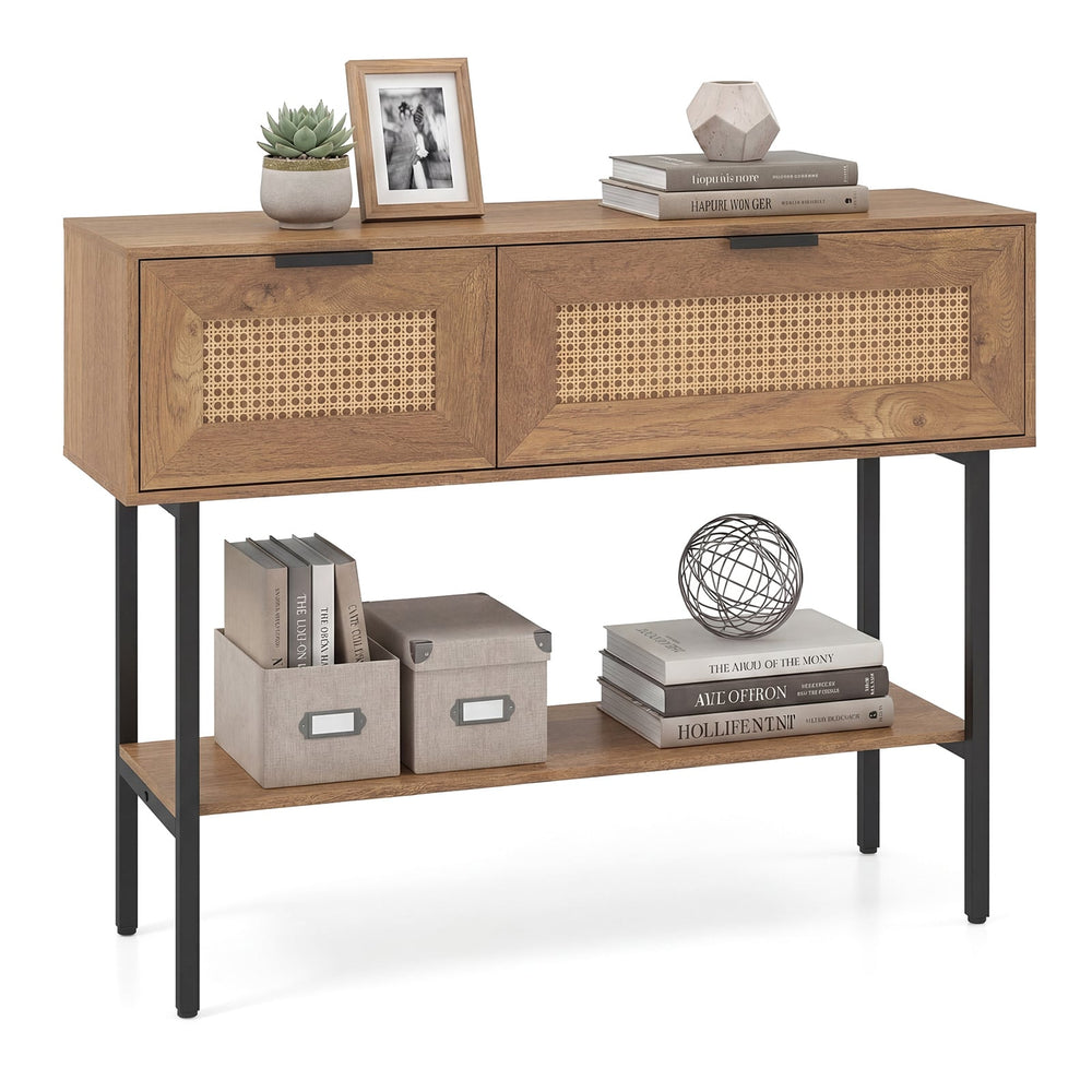 Rattan Console Table Boho Entryway Table with Flip Doors-Natural