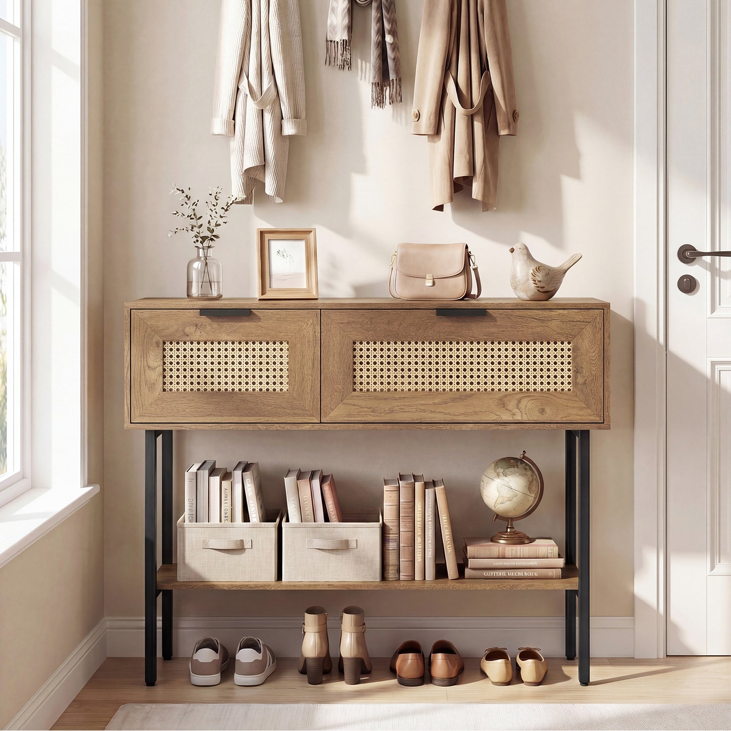 Rattan Console Table Boho Entryway Table with Flip Doors-Natural