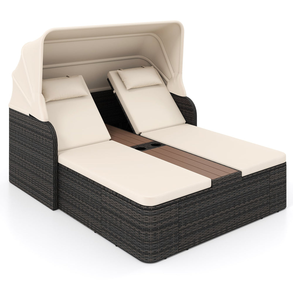 Rattan Double Daybed with Retractable Sunshade and Adjustable Backrests-Beige