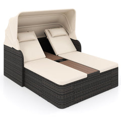 Rattan Double Daybed with Retractable Sunshade and Adjustable Backrests-Beige