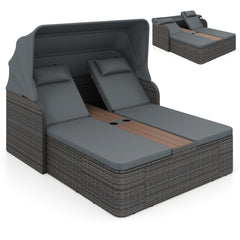 Rattan Double Daybed with Retractable Sunshade and Adjustable Backrests-Grey