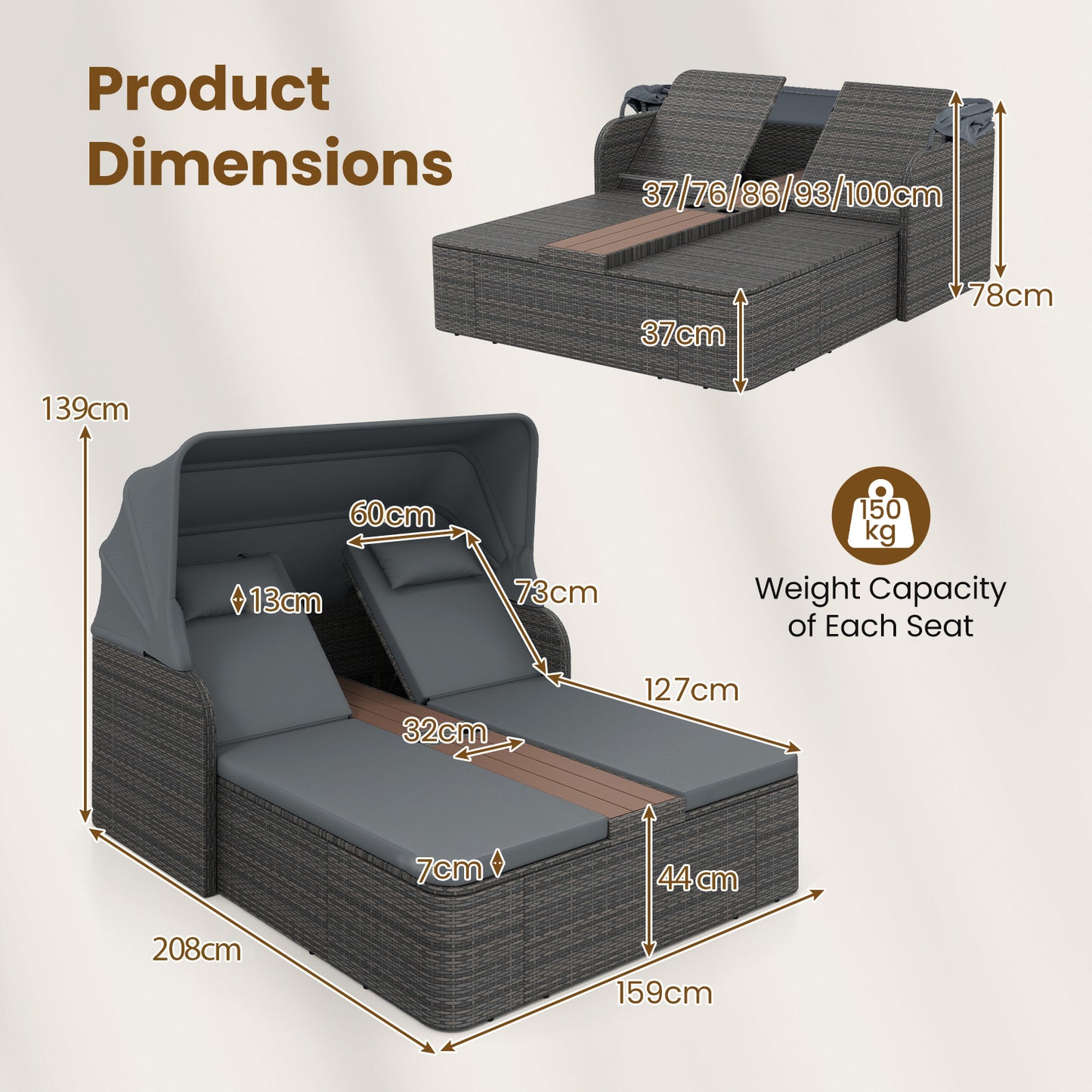 Rattan Double Daybed with Retractable Sunshade and Adjustable Backrests-Grey