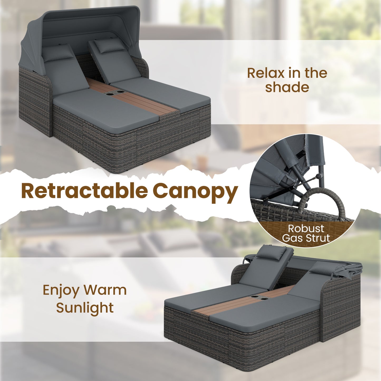 Rattan Double Daybed with Retractable Sunshade and Adjustable Backrests-Grey