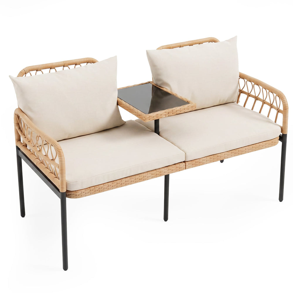 Rattan Jack and Jill Seat with Built-In Table and Cushions for Patio Balcony-Beige