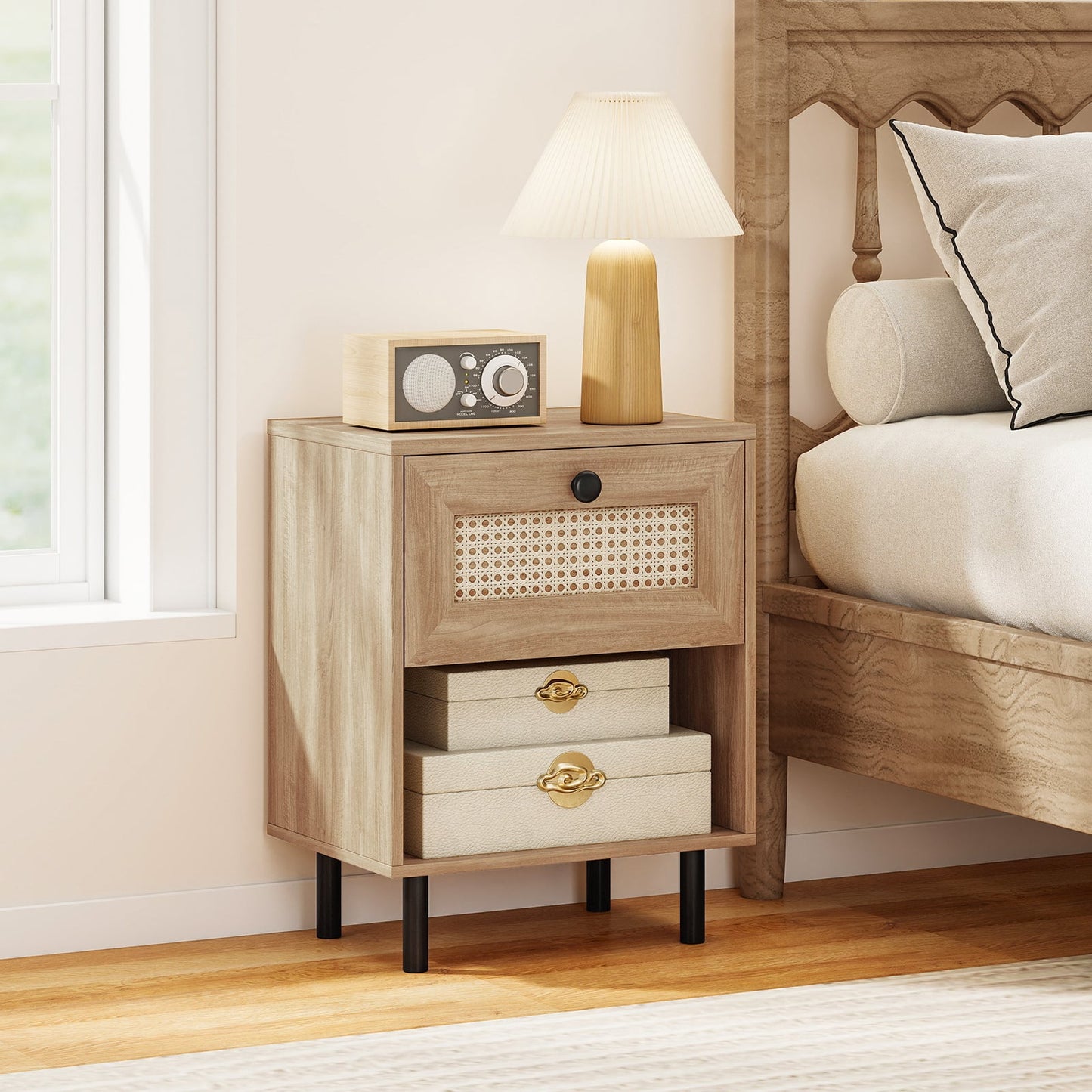 Rattan Nightstand Boho Style Bedside Table with Drawer and Open Storage Shelf-Natural