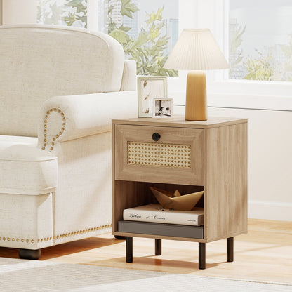 Rattan Nightstand Boho Style Bedside Table with Drawer and Open Storage Shelf-Natural