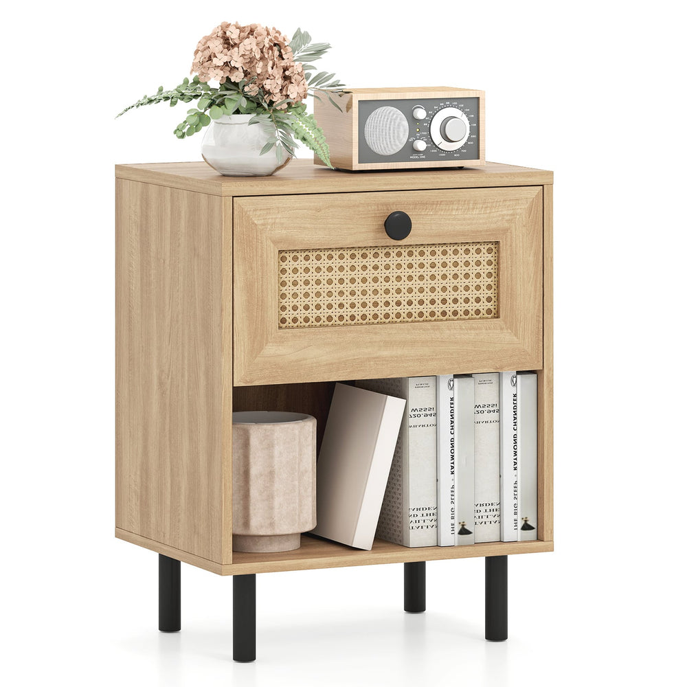 Rattan Nightstand Boho Style Bedside Table with Drawer and Open Storage Shelf-Natural