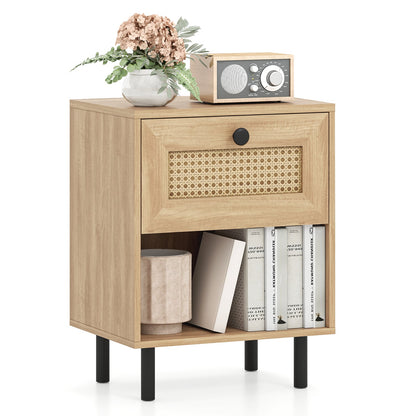 Rattan Nightstand Boho Style Bedside Table with Drawer and Open Storage Shelf-Natural