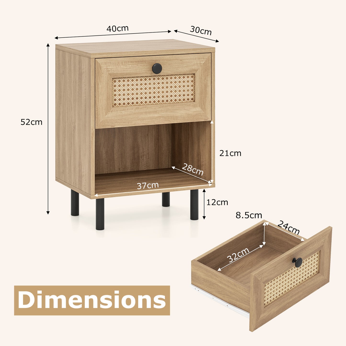 Rattan Nightstand Boho Style Bedside Table with Drawer and Open Storage Shelf-Natural