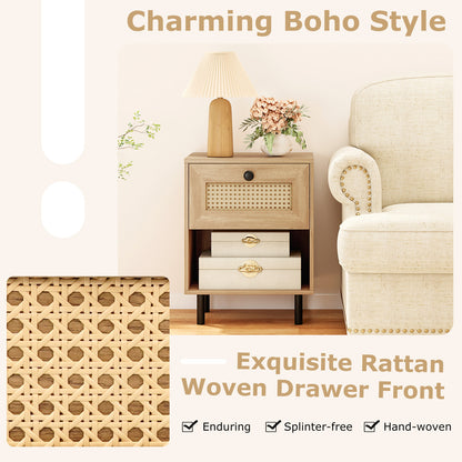 Rattan Nightstand Boho Style Bedside Table with Drawer and Open Storage Shelf-Natural