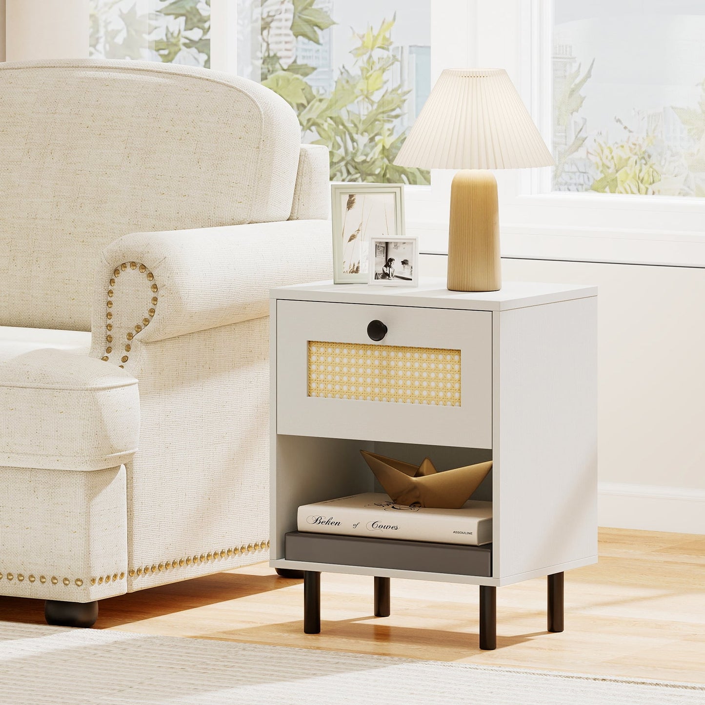 Rattan Nightstand Boho Style Bedside Table with Drawer and Open Storage Shelf-White