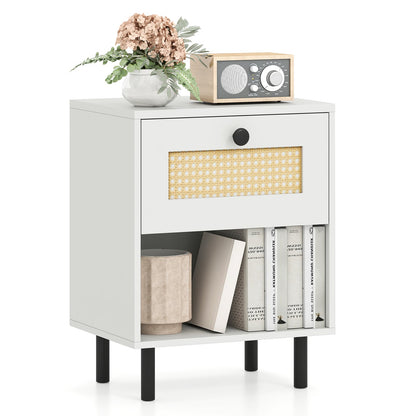 Rattan Nightstand Boho Style Bedside Table with Drawer and Open Storage Shelf-White