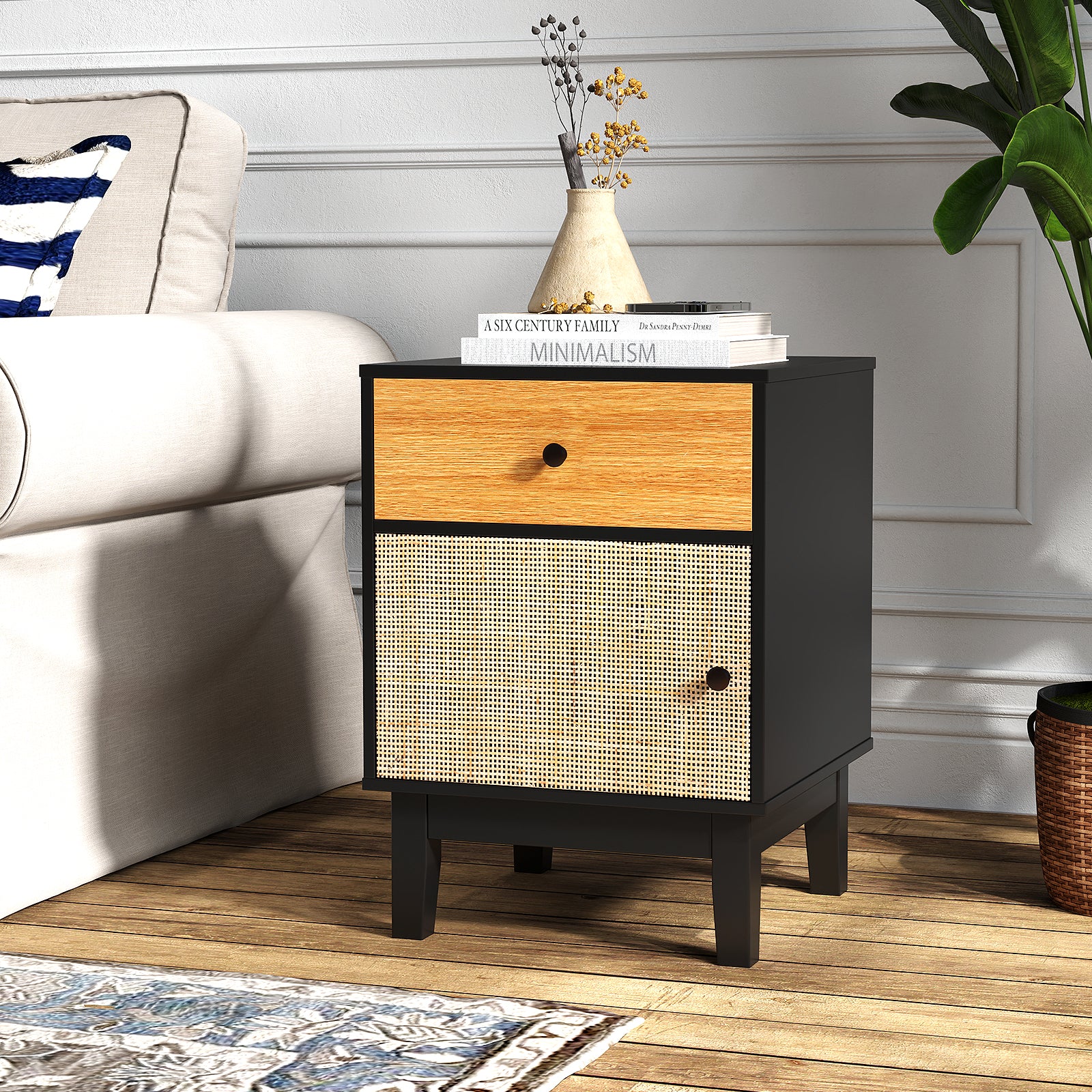 Rattan Nightstand Set of 2 with Storage Drawer and Cabinet-Black