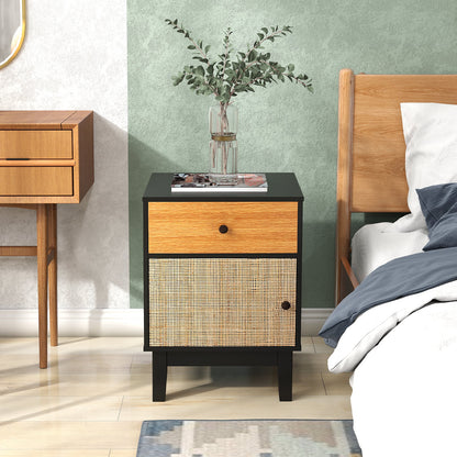 Rattan Nightstand Set of 2 with Storage Drawer and Cabinet-Black
