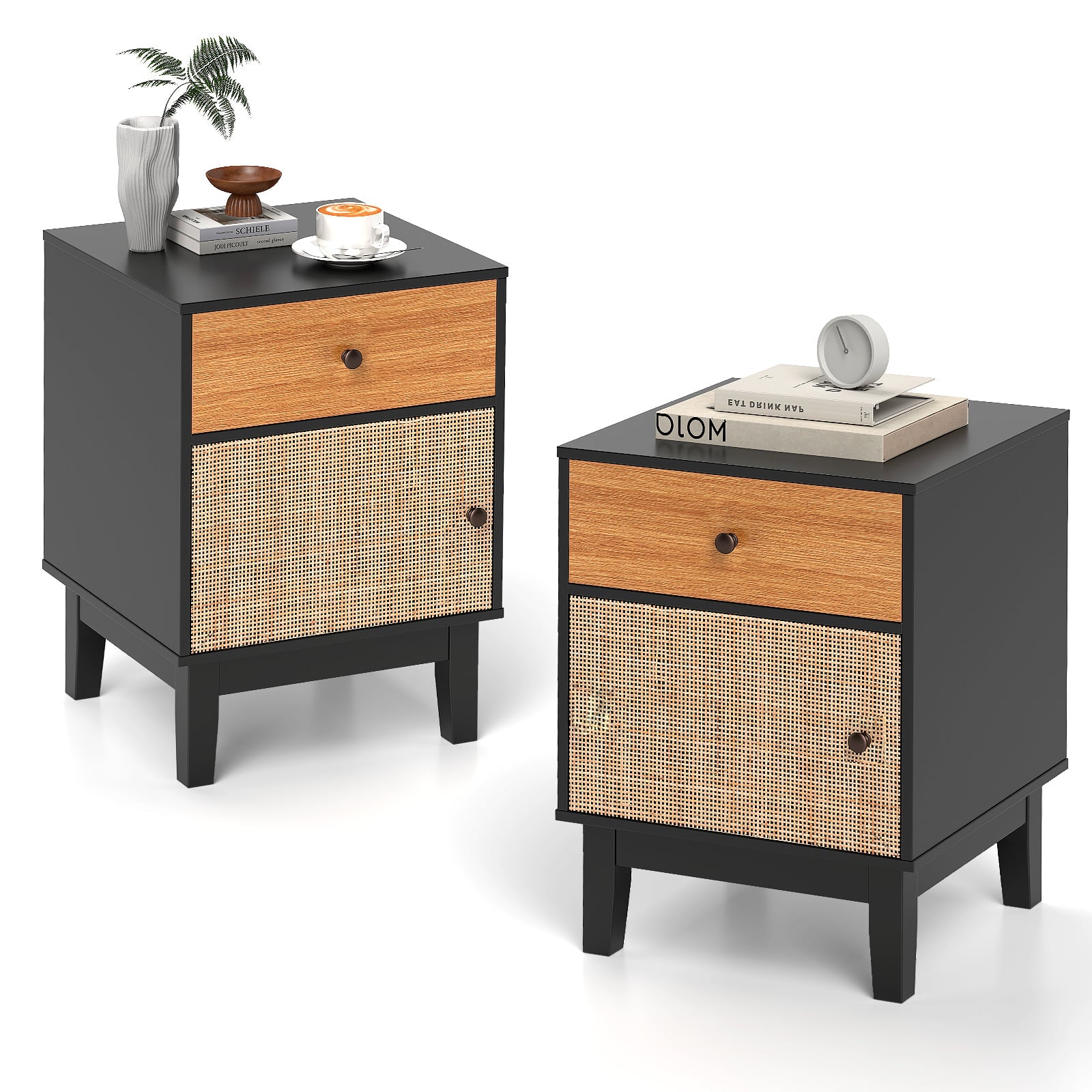 Rattan Nightstand Set of 2 with Storage Drawer and Cabinet-Black