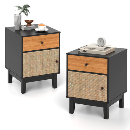 Rattan Nightstand Set of 2 with Storage Drawer and Cabinet-Black