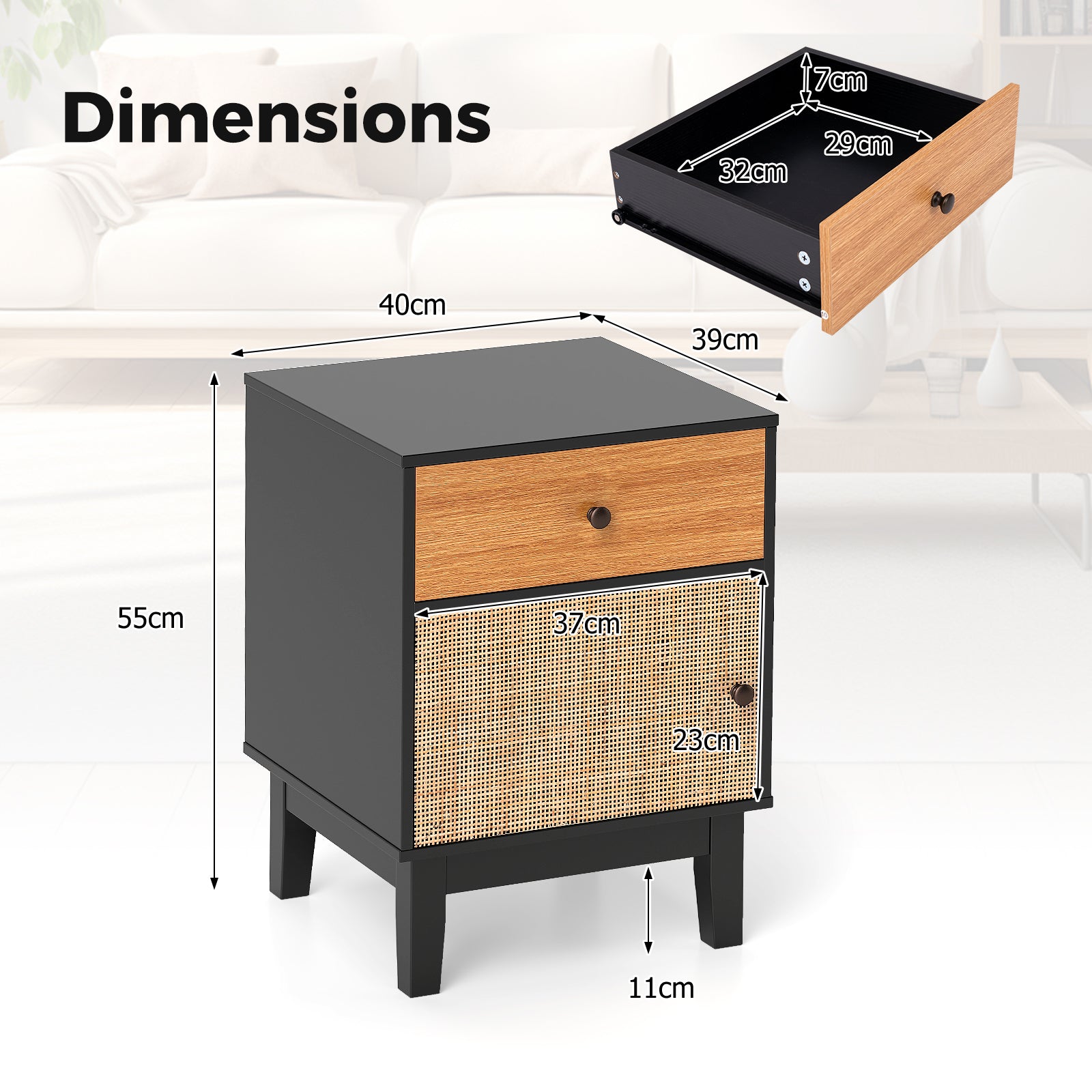 Rattan Nightstand Set of 2 with Storage Drawer and Cabinet-Black