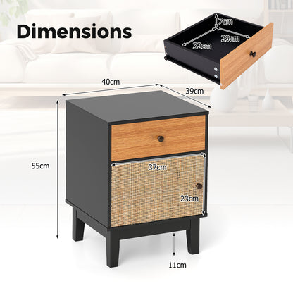 Rattan Nightstand Set of 2 with Storage Drawer and Cabinet-Black
