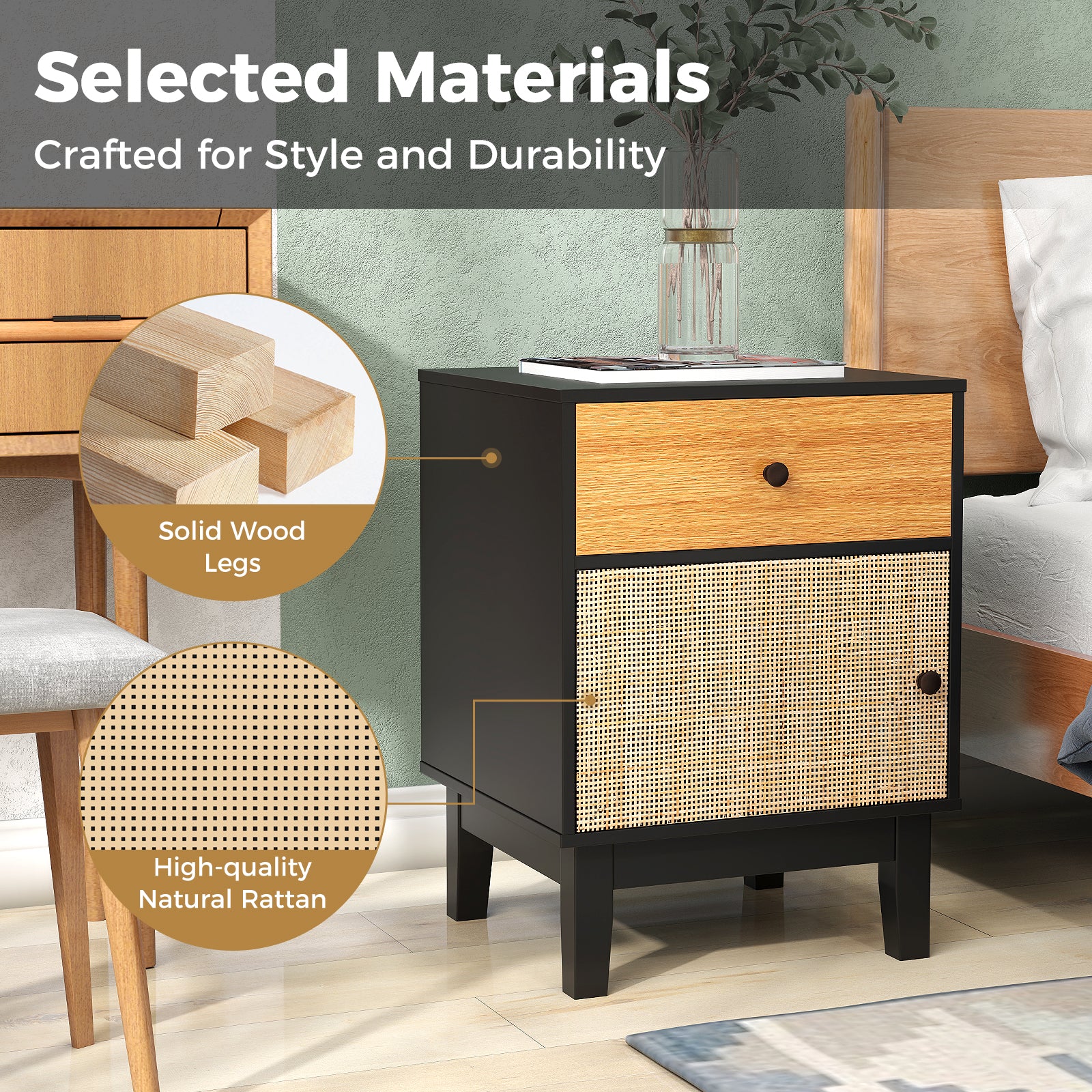 Rattan Nightstand Set of 2 with Storage Drawer and Cabinet-Black