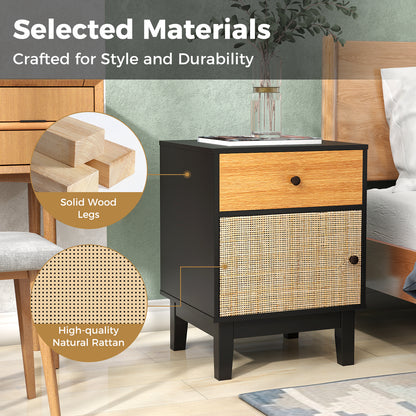 Rattan Nightstand Set of 2 with Storage Drawer and Cabinet-Black