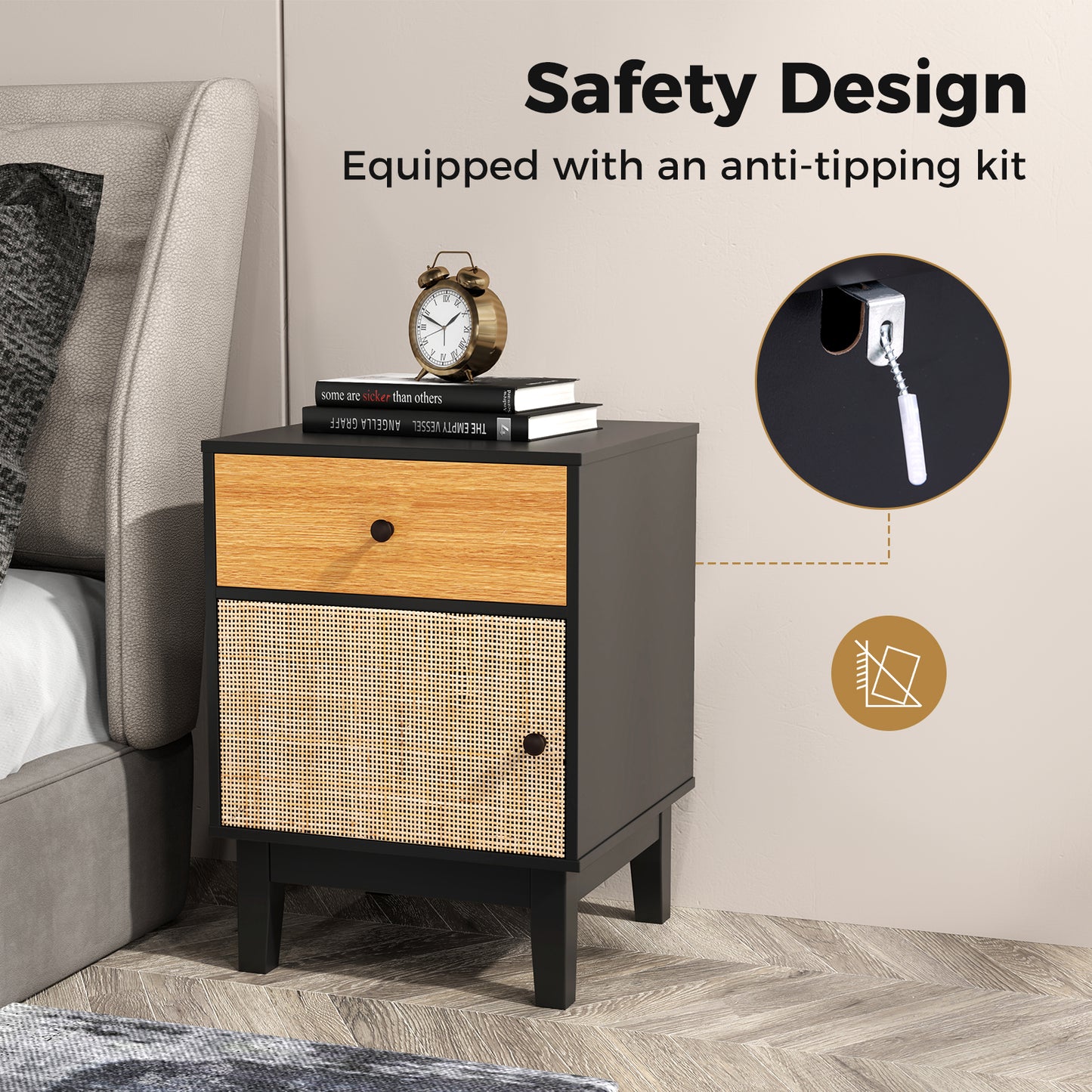 Rattan Nightstand Set of 2 with Storage Drawer and Cabinet-Black